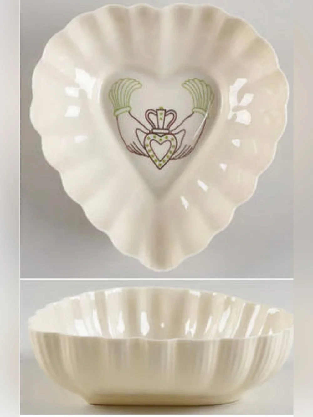 Belleek Pottery Claddagh Collection heart shaped porcelain dish